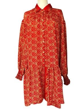Kantha Bae Red & Gold/Taupe Printed Shirt Dress / Tunic – Free Size